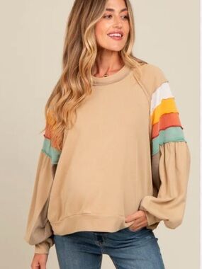 Easel tiered sleeve Beige Sweatshirt with Colorblock Puff Sleeves size Medium